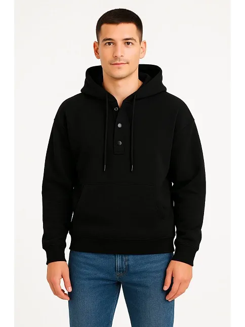 Erkek Ovarsize Kapüşonlu Swetshirt Kanguru Çepli Cıtcıtlı 3 İplik Şardonlu Hoodie - Siyah