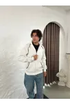 Erkek Oversize Dik Yaka Fermuarlı Sweatshirt - Zincir Nakışli Kanguru Cepli - Beyaz