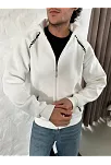 Erkek Oversize Dik Yaka Fermuarlı Sweatshirt - Zincir Nakışli Kanguru Cepli - Beyaz