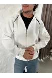 Erkek Oversize Dik Yaka Fermuarlı Sweatshirt - Zincir Nakışli Kanguru Cepli - Beyaz