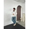 Erkek Oversize Dik Yaka Fermuarlı Sweatshirt - Zincir Nakışli Kanguru Cepli - Beyaz Erkek Oversize Dik Yaka Fermuarlı Sweatshirt - Zincir Nakışli Kanguru Cepli - Beyaz