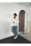 Erkek Oversize Dik Yaka Fermuarlı Sweatshirt - Zincir Nakışli Kanguru Cepli - Beyaz