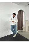 Erkek Oversize Dik Yaka Fermuarlı Sweatshirt - Zincir Nakışli Kanguru Cepli - Beyaz