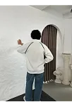 Erkek Oversize Dik Yaka Fermuarlı Sweatshirt - Zincir Nakışli Kanguru Cepli - Beyaz