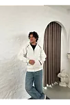 Erkek Oversize Dik Yaka Fermuarlı Sweatshirt - Zincir Nakışli Kanguru Cepli - Beyaz