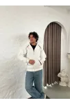Erkek Oversize Dik Yaka Fermuarlı Sweatshirt - Zincir Nakışli Kanguru Cepli - Beyaz