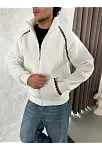 Erkek Oversize Dik Yaka Fermuarlı Sweatshirt - Zincir Nakışli Kanguru Cepli - Beyaz