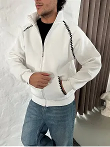 Erkek Oversize Dik Yaka Fermuarlı Sweatshirt - Zincir Nakışli Kanguru Cepli - Beyaz