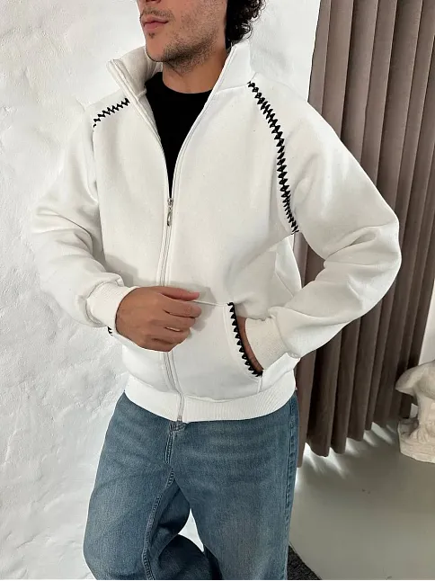 Erkek Oversize Dik Yaka Fermuarlı Sweatshirt - Zincir Nakışli Kanguru Cepli - Beyaz