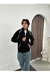 Erkek Oversize Dik Yaka Fermuarlı Sweatshirt - Zincir Nakışli Kanguru Cepli - Siyah