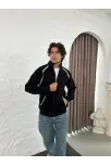 Erkek Oversize Dik Yaka Fermuarlı Sweatshirt - Zincir Nakışli Kanguru Cepli - Siyah Erkek Oversize Dik Yaka Fermuarlı Sweatshirt - Zincir Nakışli Kanguru Cepli - Siyah