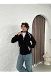 Erkek Oversize Dik Yaka Fermuarlı Sweatshirt - Zincir Nakışli Kanguru Cepli - Siyah