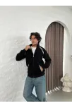 Erkek Oversize Dik Yaka Fermuarlı Sweatshirt - Zincir Nakışli Kanguru Cepli - Siyah Erkek Oversize Dik Yaka Fermuarlı Sweatshirt - Zincir Nakışli Kanguru Cepli - Siyah