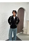 Erkek Oversize Dik Yaka Fermuarlı Sweatshirt - Zincir Nakışli Kanguru Cepli - Siyah