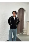 Erkek Oversize Dik Yaka Fermuarlı Sweatshirt - Zincir Nakışli Kanguru Cepli - Siyah Erkek Oversize Dik Yaka Fermuarlı Sweatshirt - Zincir Nakışli Kanguru Cepli - Siyah