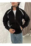 Erkek Oversize Dik Yaka Fermuarlı Sweatshirt - Zincir Nakışli Kanguru Cepli - Siyah