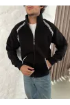 Erkek Oversize Dik Yaka Fermuarlı Sweatshirt - Zincir Nakışli Kanguru Cepli - Siyah Erkek Oversize Dik Yaka Fermuarlı Sweatshirt - Zincir Nakışli Kanguru Cepli - Siyah