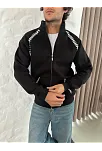Erkek Oversize Dik Yaka Fermuarlı Sweatshirt - Zincir Nakışli Kanguru Cepli - Siyah