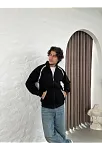 Erkek Oversize Dik Yaka Fermuarlı Sweatshirt - Zincir Nakışli Kanguru Cepli - Siyah