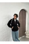 Erkek Oversize Dik Yaka Fermuarlı Sweatshirt - Zincir Nakışli Kanguru Cepli - Siyah Erkek Oversize Dik Yaka Fermuarlı Sweatshirt - Zincir Nakışli Kanguru Cepli - Siyah