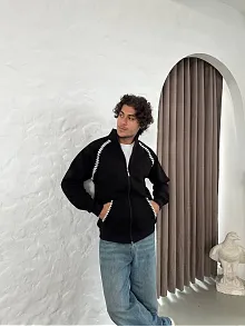 Erkek Oversize Dik Yaka Fermuarlı Sweatshirt - Zincir Nakışli Kanguru Cepli - Siyah
