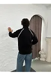 Erkek Oversize Dik Yaka Fermuarlı Sweatshirt - Zincir Nakışli Kanguru Cepli - Siyah