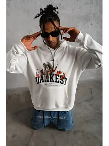 Erkek Oversize Kapüşonlu Sweatshirt – Beyaz Renk Üç İplik İçi Pamuklu Kanguru Cepli Baskılı Hoodie Rahat Kalıp Kışlık Günlük Kombinlere Uygun - Beyaz