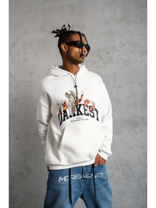 Erkek Oversize Kapüşonlu Sweatshirt – Beyaz Renk Üç İplik İçi Pamuklu Kanguru Cepli Baskılı Hoodie Rahat Kalıp Kışlık Günlük Kombinlere Uygun - Beyaz