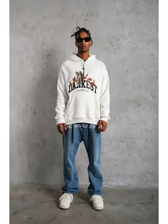 Erkek Oversize Kapüşonlu Sweatshirt – Beyaz Renk Üç İplik İçi Pamuklu Kanguru Cepli Baskılı Hoodie Rahat Kalıp Kışlık Günlük Kombinlere Uygun - Beyaz