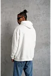 Erkek Oversize Kapüşonlu Sweatshirt – Beyaz Renk Üç İplik İçi Pamuklu Kanguru Cepli Baskılı Hoodie Rahat Kalıp Kışlık Günlük Kombinlere Uygun - Beyaz