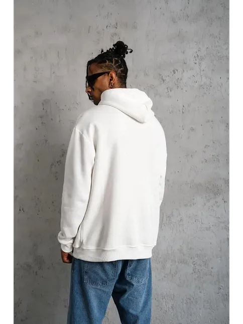 Erkek Oversize Kapüşonlu Sweatshirt – Beyaz Renk Üç İplik İçi Pamuklu Kanguru Cepli Baskılı Hoodie Rahat Kalıp Kışlık Günlük Kombinlere Uygun - Beyaz