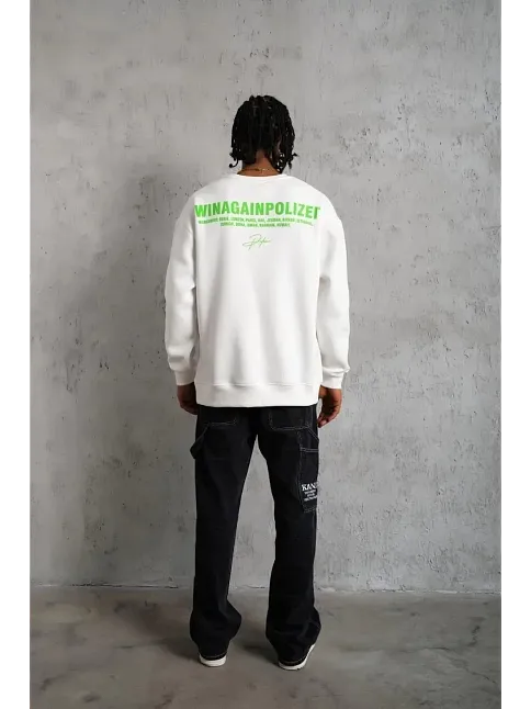 Erkek Oversize Sweatshirt – Beyaz Renk | Ön Ve Sırt Baskılı, Üç İplik İçi Pamuklu Kumaş, Rahat Kalıp, Ribanalı Kışlık Sweat | Winagain Polizei Serisi - Beyaz
