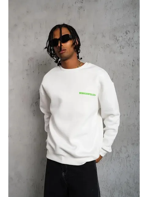 Erkek Oversize Sweatshirt – Beyaz Renk | Ön Ve Sırt Baskılı, Üç İplik İçi Pamuklu Kumaş, Rahat Kalıp, Ribanalı Kışlık Sweat | Winagain Polizei Serisi - Beyaz
