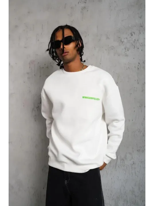 Erkek Oversize Sweatshirt – Beyaz Renk | Ön ve Sırt Baskılı, Üç İplik İçi Pamuklu Kumaş, Rahat Kalıp, Ribanalı Kışlık Sweat | Winagain Polizei Serisi - Beyaz Erkek Oversize Sweatshirt – Beyaz Renk | Ön ve Sırt Baskılı, Üç İplik İçi Pamuklu Kumaş, Rahat Kalıp, Ribanalı Kışlık Sweat | Winagain Polizei Serisi - Beyaz