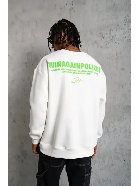 Erkek Oversize Sweatshirt – Beyaz Renk | Ön Ve Sırt Baskılı, Üç İplik İçi Pamuklu Kumaş, Rahat Kalıp, Ribanalı Kışlık Sweat | Winagain Polizei Serisi - Beyaz