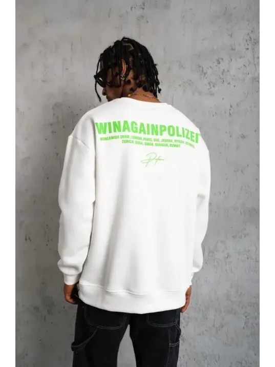 Erkek Oversize Sweatshirt – Beyaz Renk | Ön ve Sırt Baskılı, Üç İplik İçi Pamuklu Kumaş, Rahat Kalıp, Ribanalı Kışlık Sweat | Winagain Polizei Serisi - Beyaz Erkek Oversize Sweatshirt – Beyaz Renk | Ön ve Sırt Baskılı, Üç İplik İçi Pamuklu Kumaş, Rahat Kalıp, Ribanalı Kışlık Sweat | Winagain Polizei Serisi - Beyaz