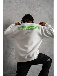 Erkek Oversize Sweatshirt – Beyaz Renk | Ön Ve Sırt Baskılı, Üç İplik İçi Pamuklu Kumaş, Rahat Kalıp, Ribanalı Kışlık Sweat | Winagain Polizei Serisi - Beyaz