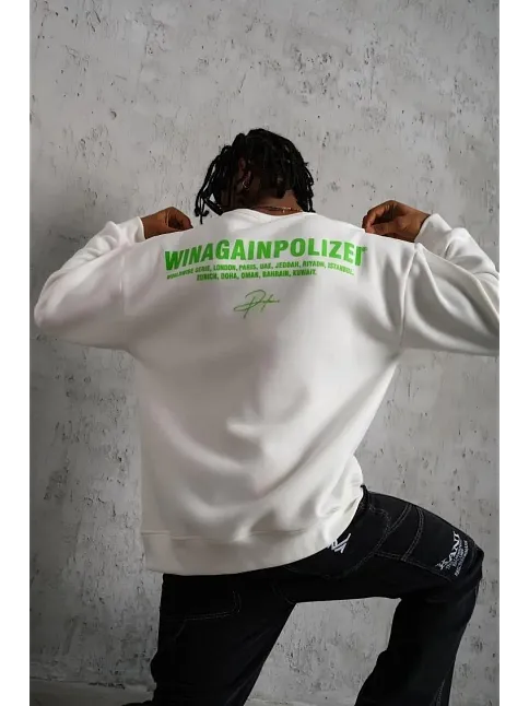 Erkek Oversize Sweatshirt – Beyaz Renk | Ön Ve Sırt Baskılı, Üç İplik İçi Pamuklu Kumaş, Rahat Kalıp, Ribanalı Kışlık Sweat | Winagain Polizei Serisi - Beyaz
