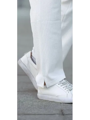 Erkek Paça Yırtmaçlı Burgu selanik dokulu Jogger Buggy Pantalon Rahat kalıp - Beyaz