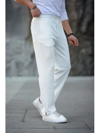 Erkek Paça Yırtmaçlı Burgu selanik dokulu Jogger Buggy Pantalon Rahat kalıp - Beyaz