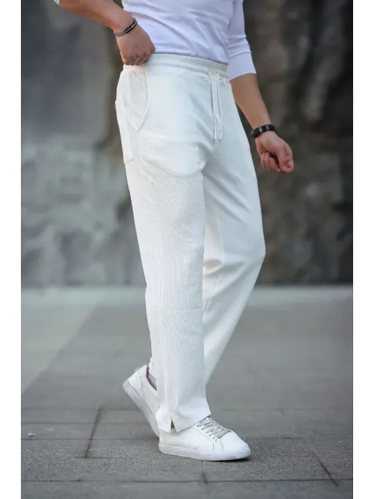 Erkek Paça Yırtmaçlı Burgu selanik dokulu Jogger Buggy Pantalon Rahat kalıp - Beyaz