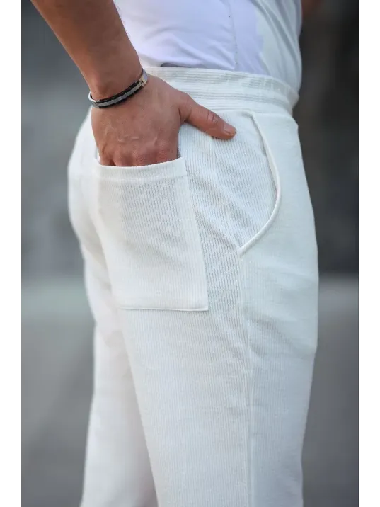Erkek Paça Yırtmaçlı Burgu selanik dokulu Jogger Buggy Pantalon Rahat kalıp - Beyaz