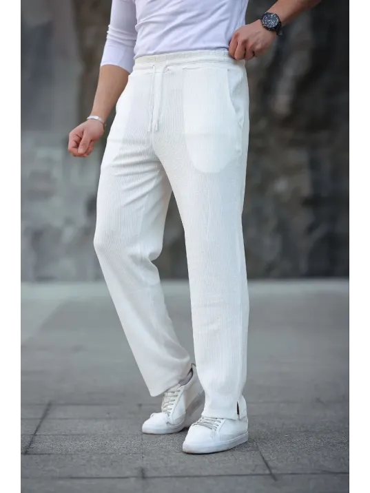 Erkek Paça Yırtmaçlı Burgu selanik dokulu Jogger Buggy Pantalon Rahat kalıp - Beyaz