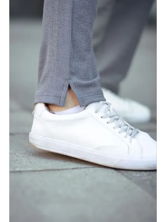 Erkek Paça Yırtmaçlı Burgu selanik dokulu Jogger Buggy Pantalon Rahat kalıp - Gri