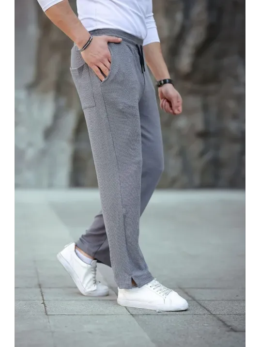 Erkek Paça Yırtmaçlı Burgu selanik dokulu Jogger Buggy Pantalon Rahat kalıp - Gri
