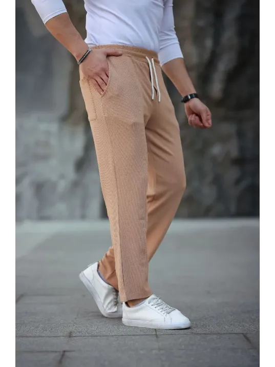 Erkek Paça Yırtmaçlı Burgu selanik dokulu Jogger Buggy Pantalon Rahat kalıp - Kahverengi