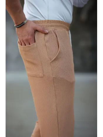 Erkek Paça Yırtmaçlı Burgu selanik dokulu Jogger Buggy Pantalon Rahat kalıp - Kahverengi