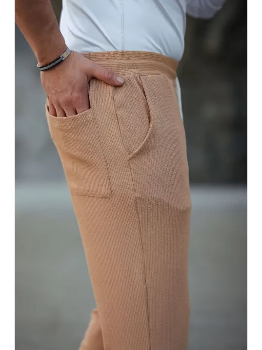 Erkek Paça Yırtmaçlı Burgu selanik dokulu Jogger Buggy Pantalon Rahat kalıp - Kahverengi