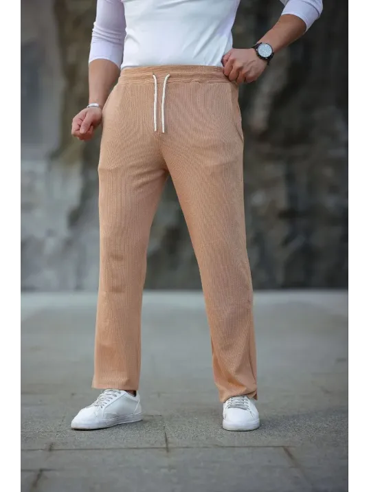 Erkek Paça Yırtmaçlı Burgu selanik dokulu Jogger Buggy Pantalon Rahat kalıp - Kahverengi