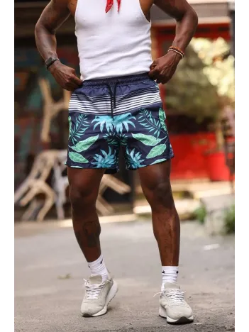 Erkek Palmiye Desenli Deniz Cepli Şort - Mavi Erkek Palmiye Desenli Deniz Cepli Şort - Mavi